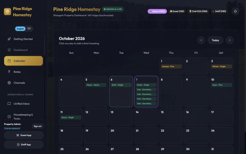 A month calendar with bookings from several agents and the front desk.